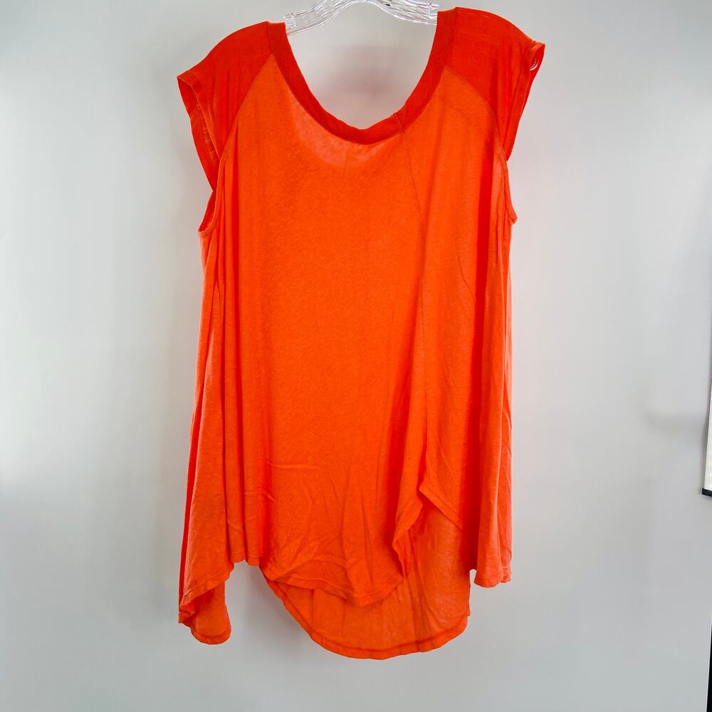 FREE PEOPLE Orange Faux Wrap Linen Scallop Hem Short Sleeve Scoop Neck Top XS - Picture 3 of 11